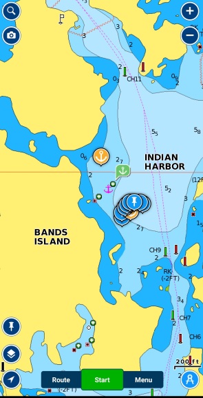Our swing at anchor (blue pins) in Indian Harbour